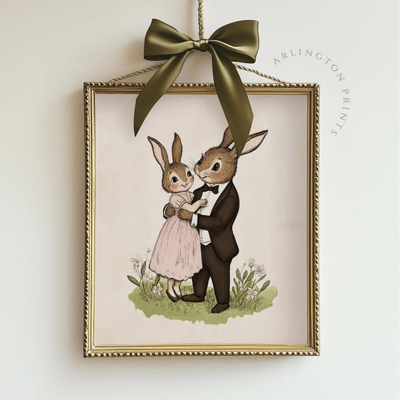 Cute Rabbit Couple Nursery Print Vintage Neutral Nursery Decor Vintage Nursery Wall Art Arlingtonprints Ba19