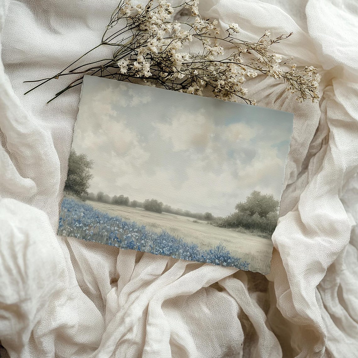 Vintage Spring Bluebonnet Meadow Soft Neutral Landscape Poster - Image 4