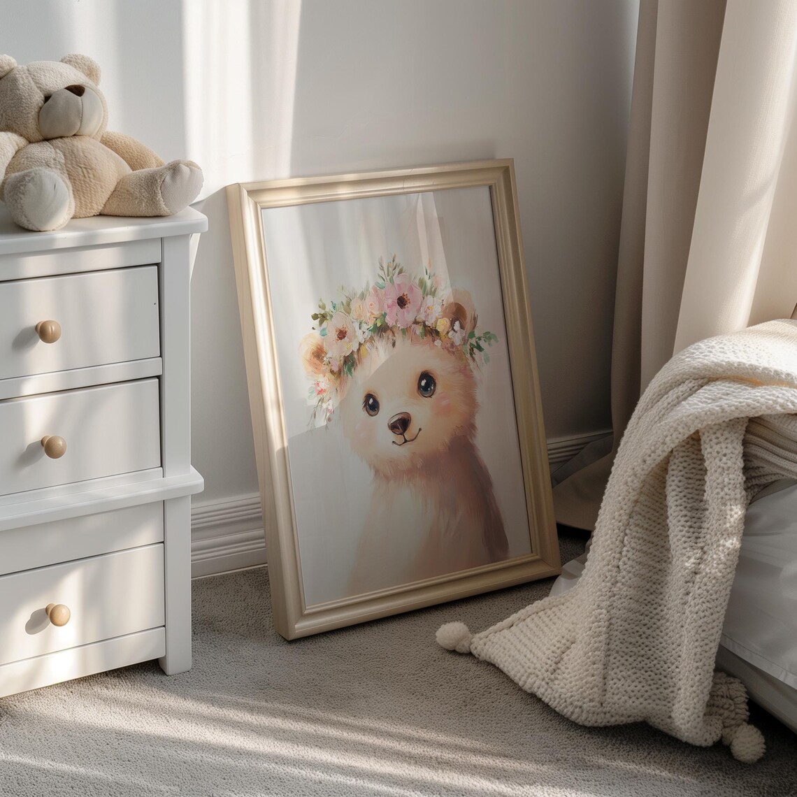 Bear Cub Floral Crown Watercolor Sweet Nursery Animal Poster - Image 2