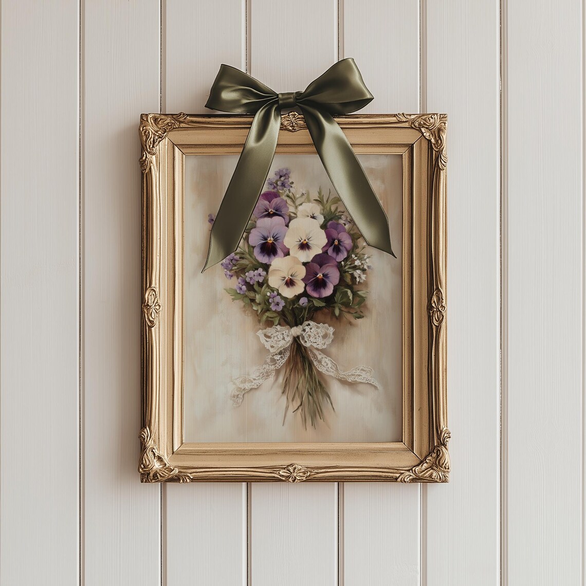 Purple Pansy Bouquet Tied With Lace Bow Vintage Floral Poster - Image 5