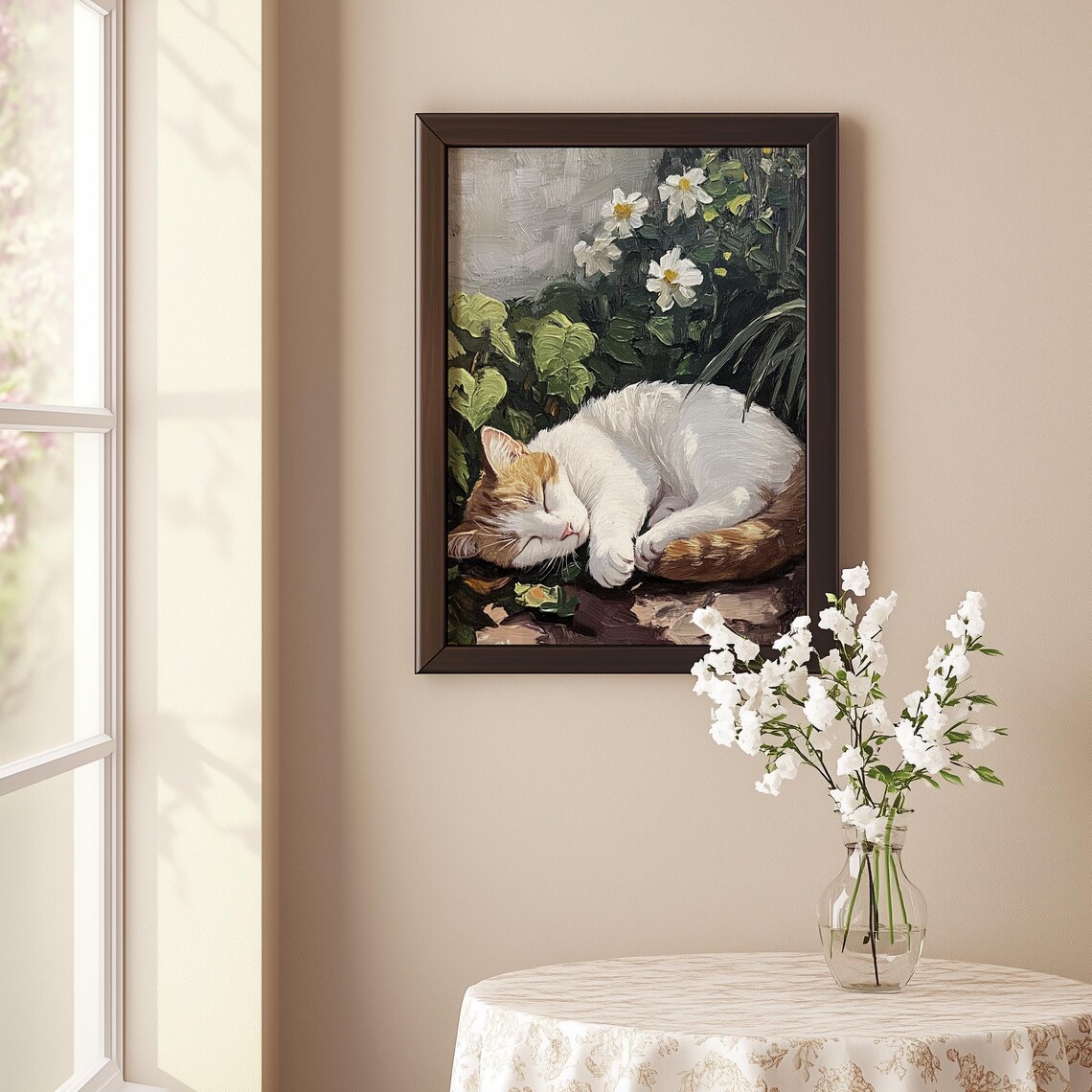 Sleeping Orange White Cat Among Flowers Oil Painting Garden Decor Poster - Image 5