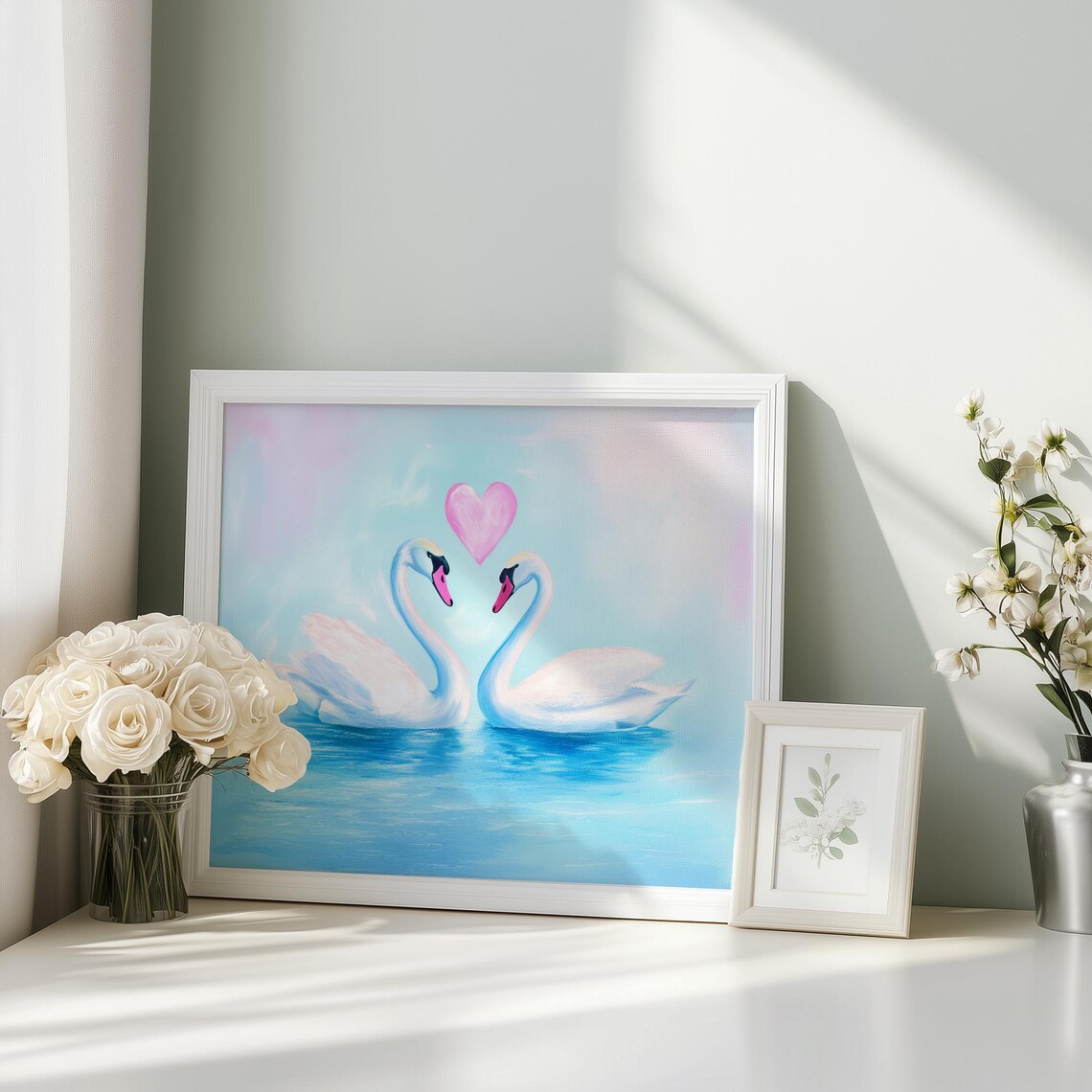Two White Swans With Pink Heart Romantic Valentines Day Poster - Image 3