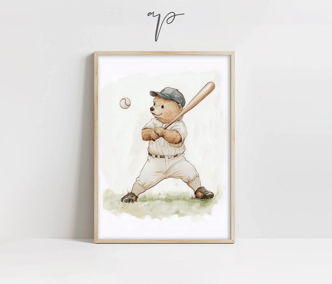Teddy Bear Baseball Player Vintage Baby Nursery Sports Poster - Image 4