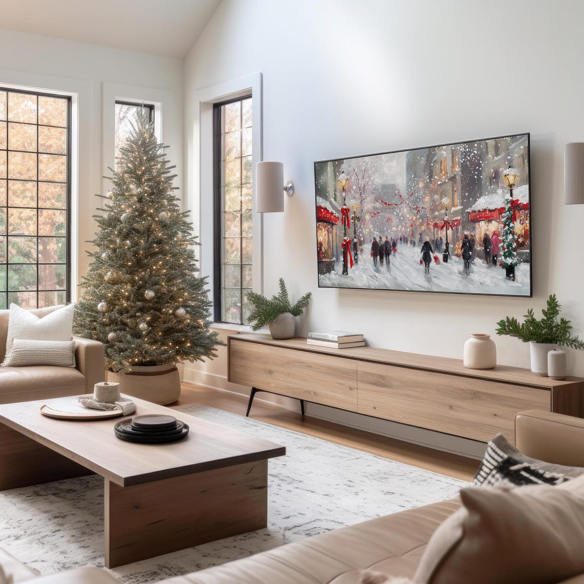 Snowy Main Street Christmas Cityscape Falling Snow Painting Poster - Image 3