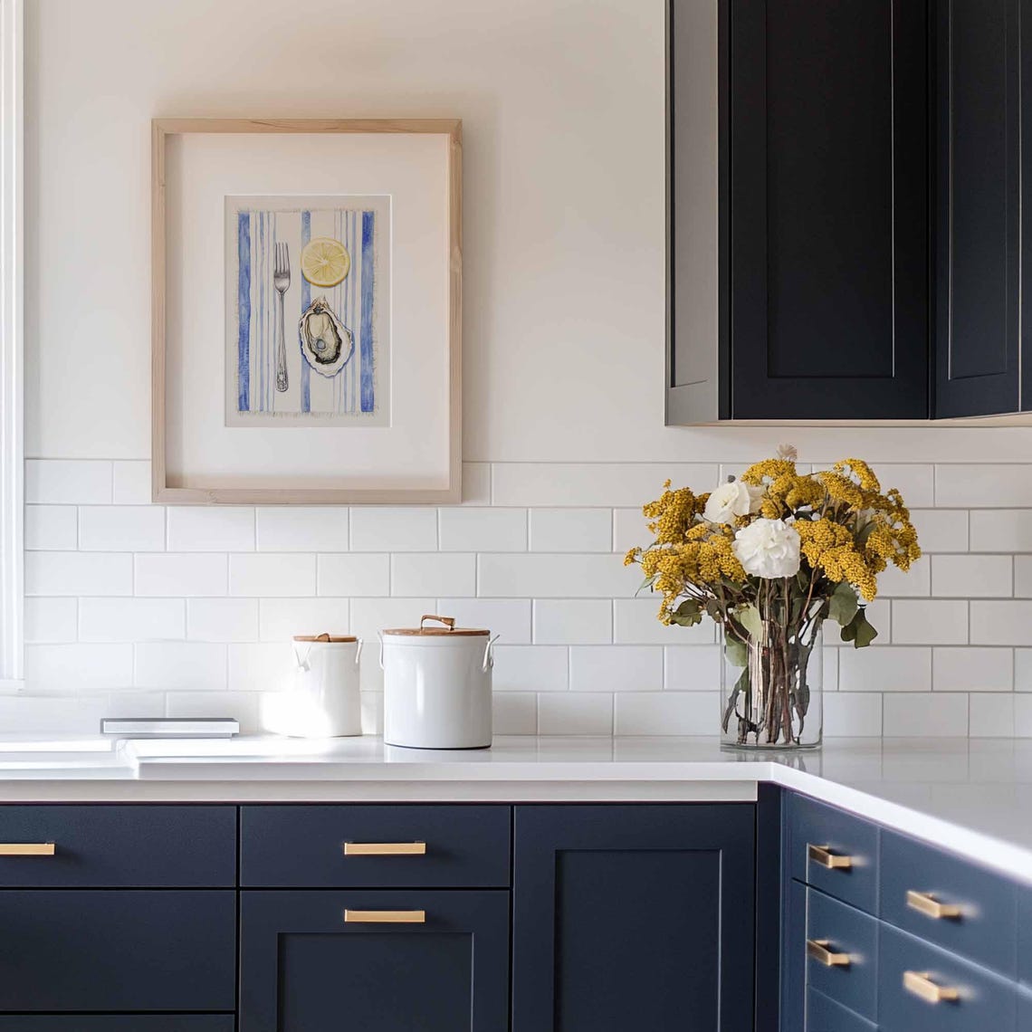Oyster Fork Lemon Watercolor Seafood Kitchen Navy Stripe Poster - Image 3