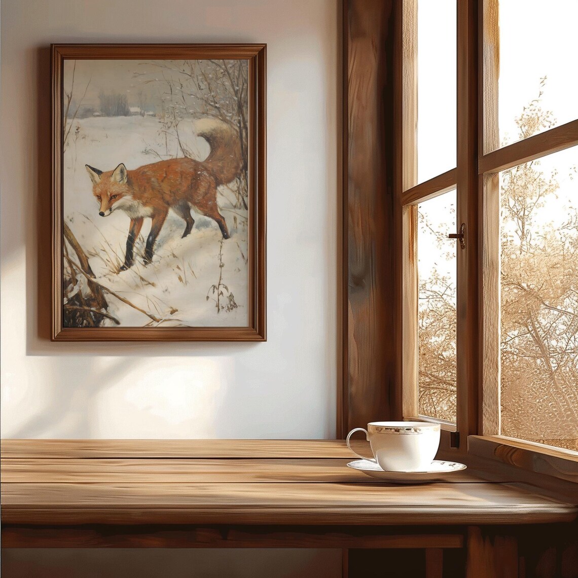 Vintage Red Fox in Snow Antique Woodland Oil Painting Poster - Image 3