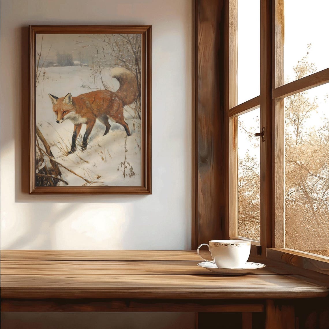 Vintage Winter Fox Print Antique Fox Oil Painting Woodland Nursery Forest Cabin Art Country Farmhouse T894 - Image 3