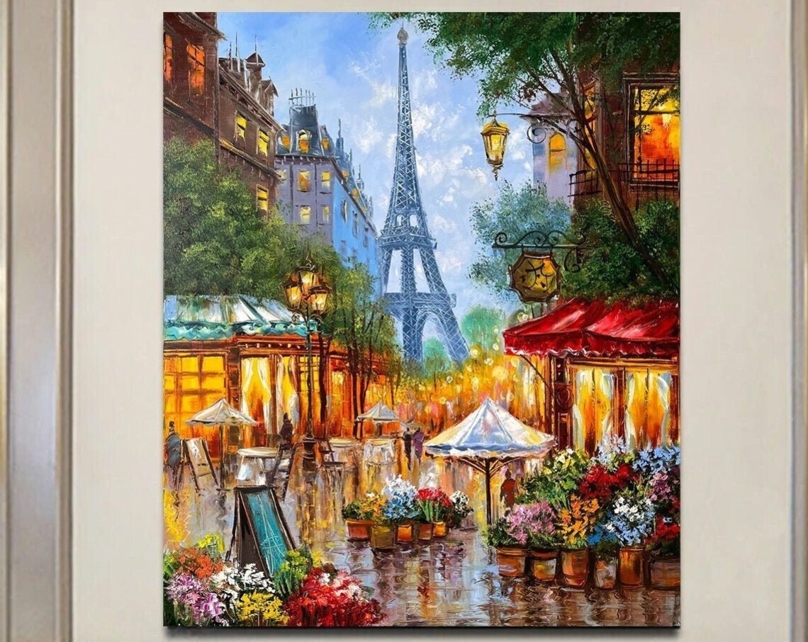 Colorful Paris Street Scene, Eiffel Tower Wall Art Print