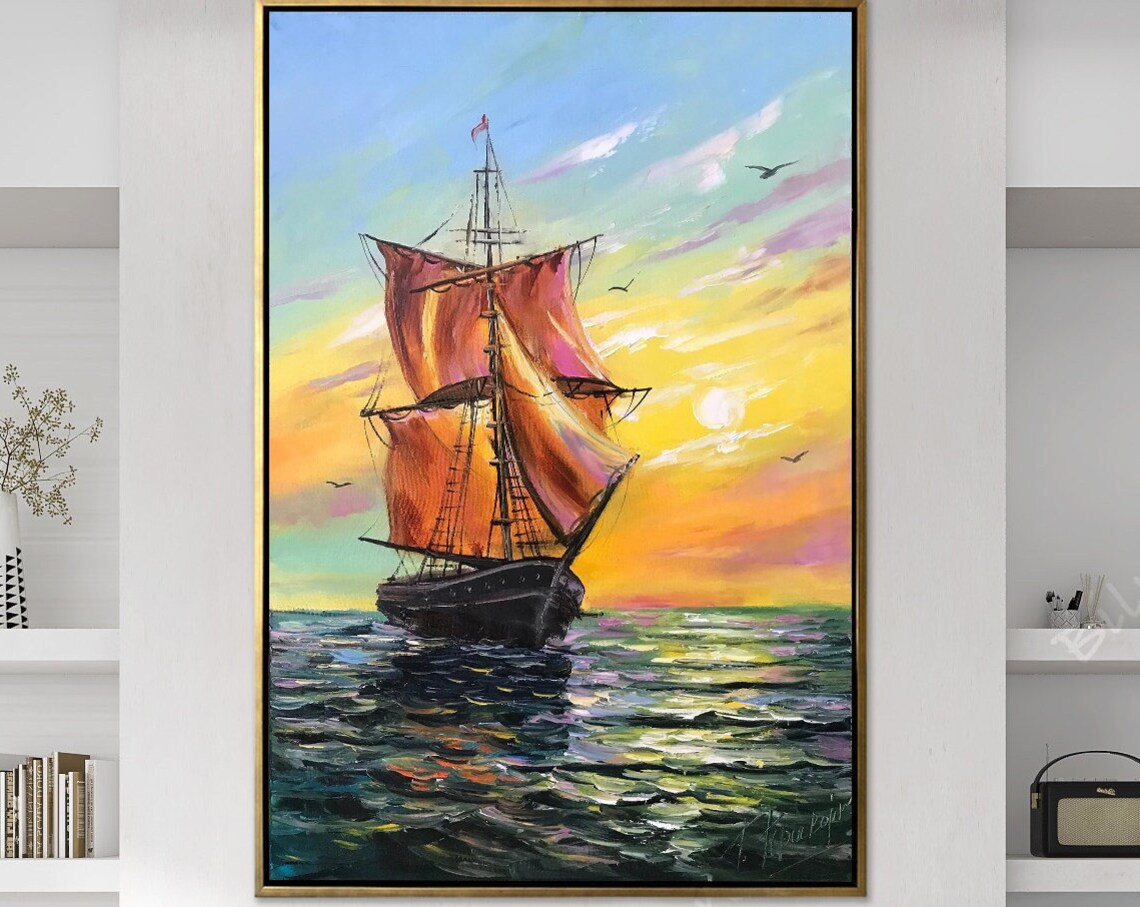Tall Ship Red Sails Sunset Golden Yellow Sky Ocean Seascape Art Poster - Image 3