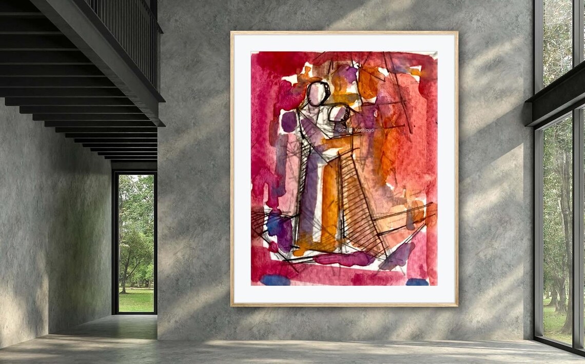 The Embrace Abstract Watercolor Warm Red Orange Couple Art Poster - Image 5