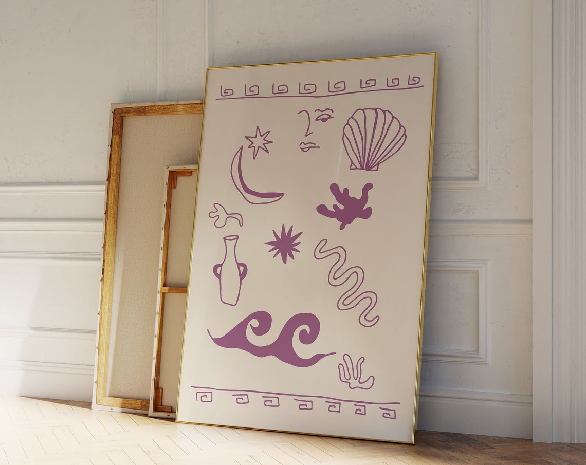 Greek Coastal Icons Purple Line Art Shells Moon Waves Poster