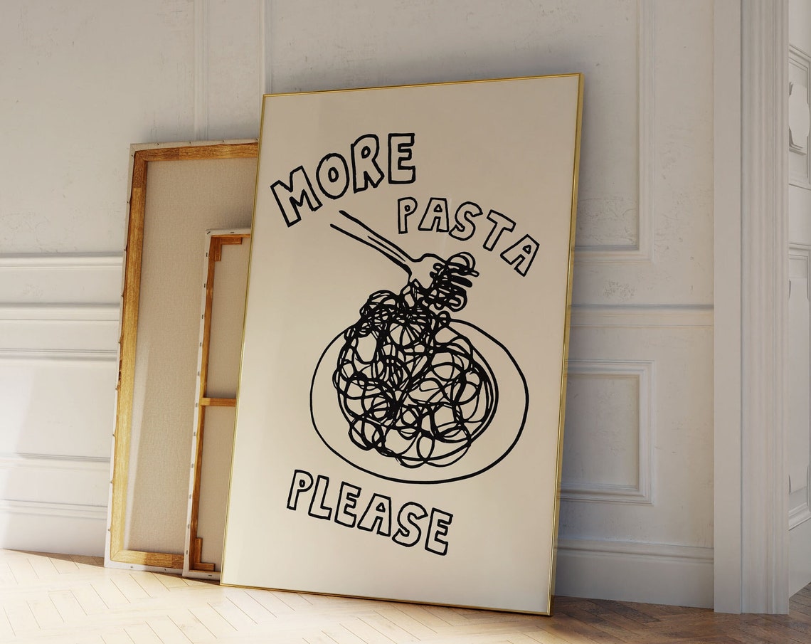 More Pasta Please Spaghetti Fork Bowl Line Art Kitchen Poster