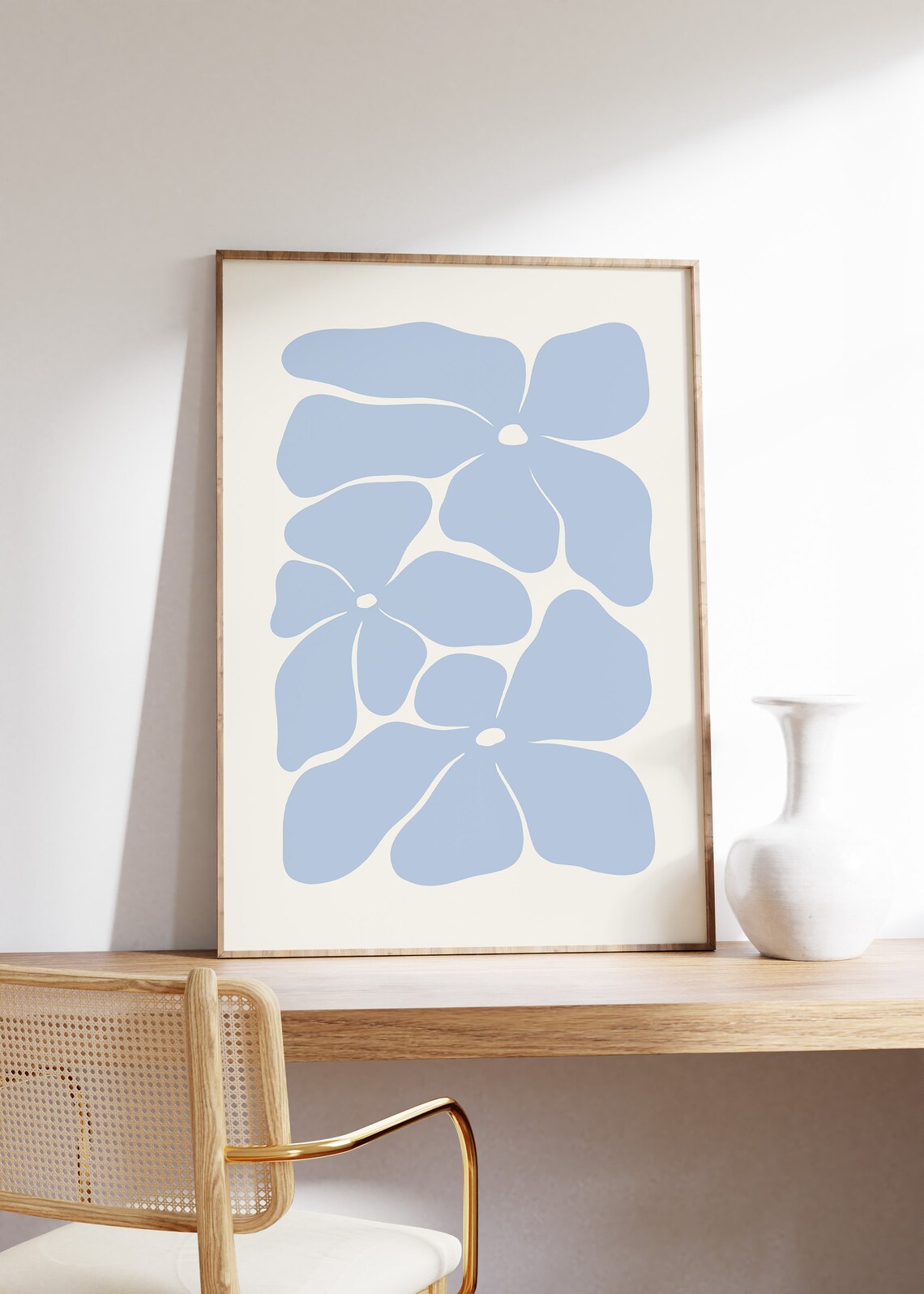 Bold Blue Matisse Style Abstract Flower Shapes Cream Wall Poster - Image 4