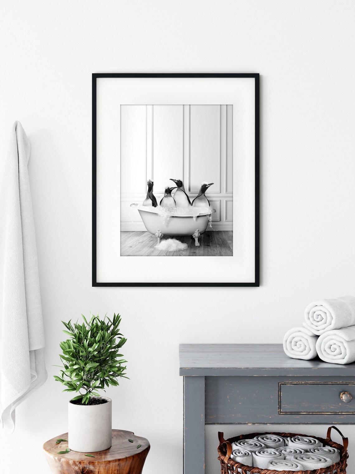 Emperor Penguins in Tub Bathroom Art Print