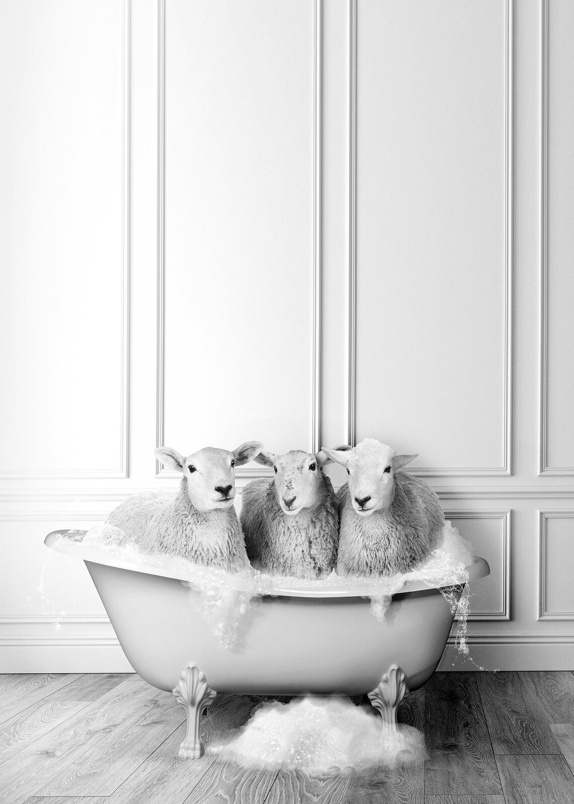 Sheep In Tub Bathroom Art Print, Black And White - Image 2