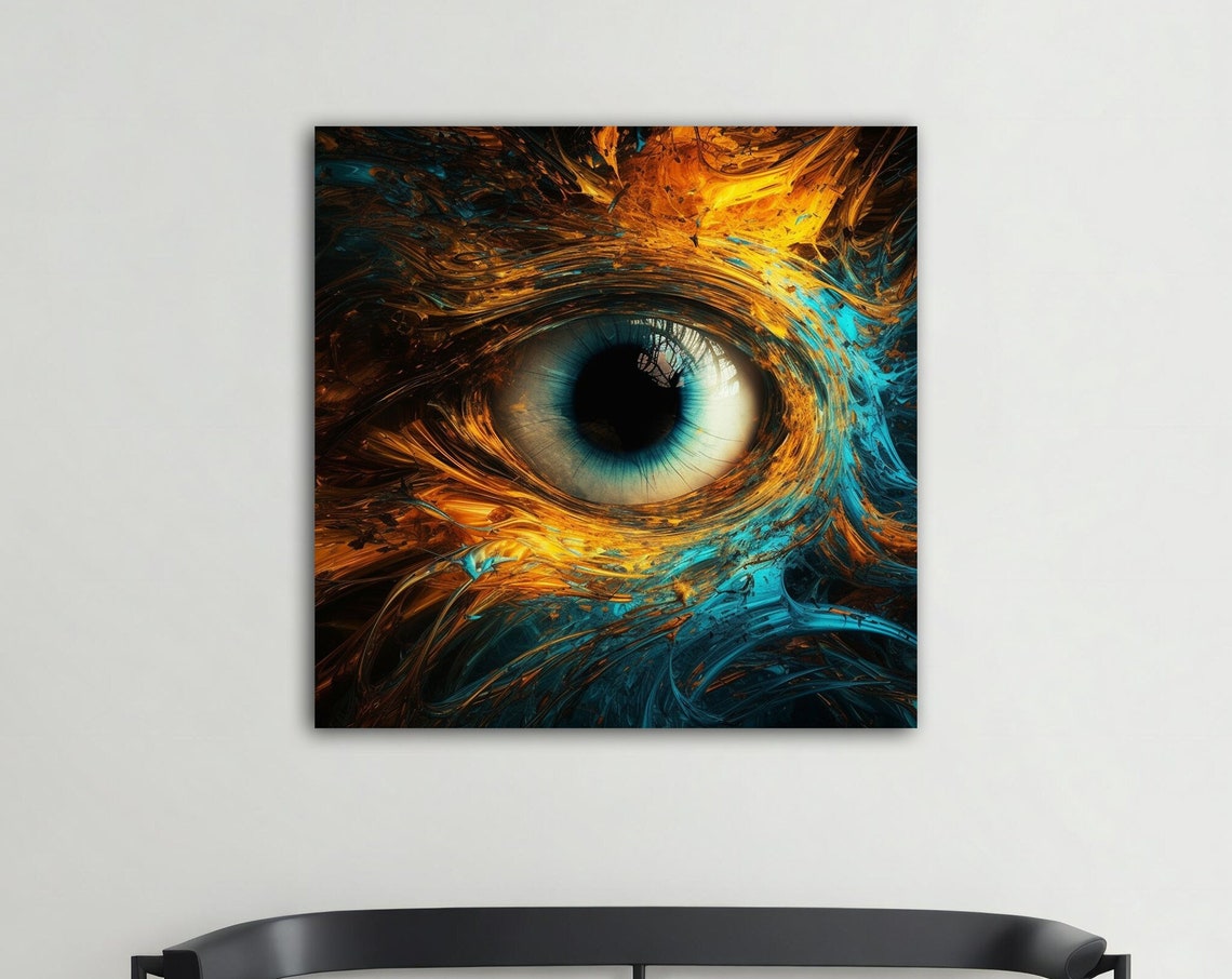 Surreal Giant Blue Eye In Swirling Gold Turquoise Paint Art Poster