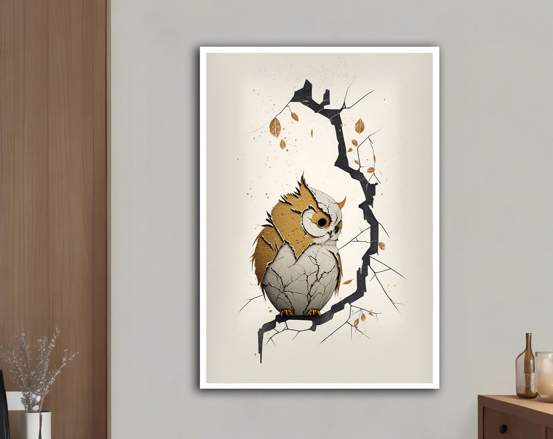 Cute Owl on Twisted Branch Minimalist Golden Leaf Wall Art Print