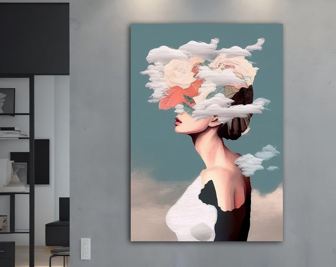 Woman Head Clouds Roses Surreal Profile Teal Background Art Poster