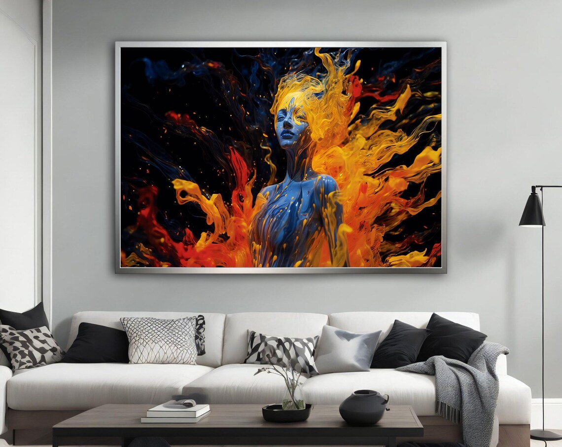 Blue Woman Fire Flames Surreal Portrait Orange Yellow Dramatic Wall Art Poster