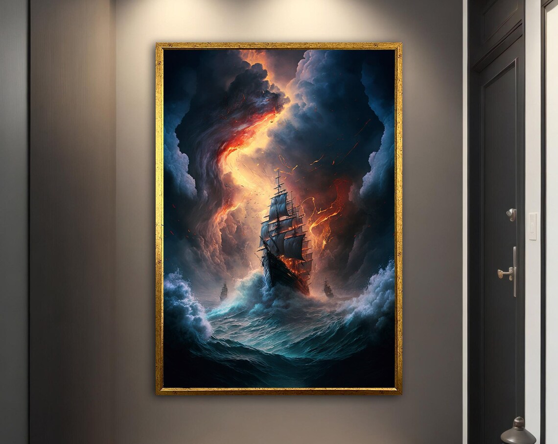 Tall Ship Stormy Sea Fiery Sky Dramatic Ocean Battle Waves Art Poster