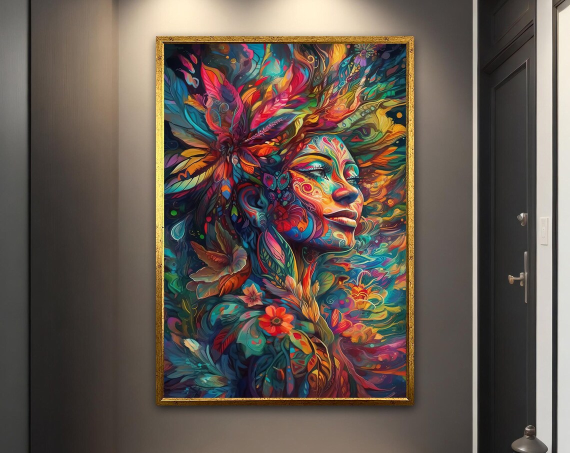 Colorful Floral Hair Woman Vibrant Psychedelic Portrait Art Poster