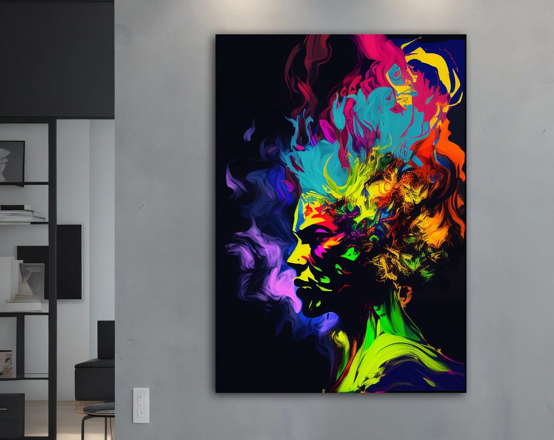 Neon Flame Hair Woman Profile Vivid Color Explosion Black Art Poster