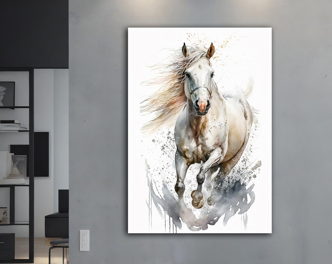 Galloping White Horse Watercolor Motion Animal Wall Art Poster