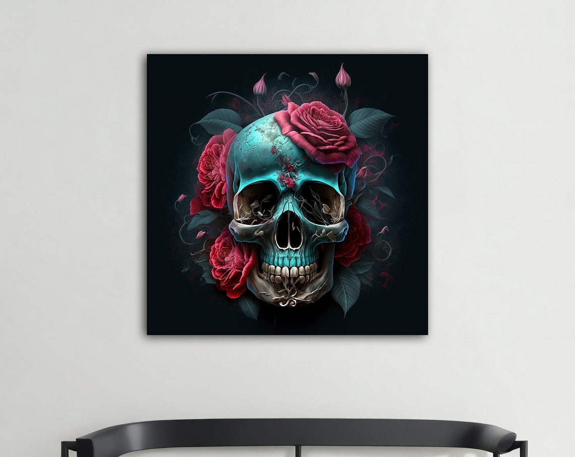 Gothic Skull with Red Roses Dark Floral Macabre Wall Art Poster
