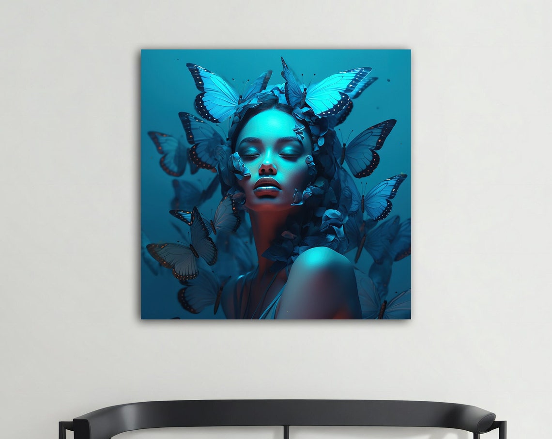 Woman Portrait With Blue Butterflies In Monochrome Teal Art Poster