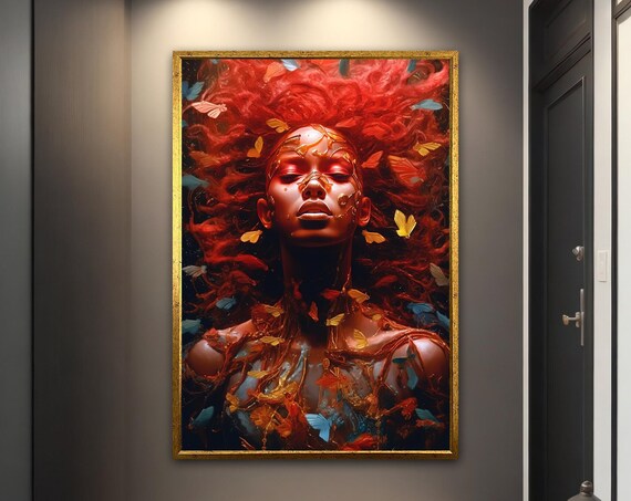 Fiery Red Hair Woman Butterflies Golden Goddess Dreamy Art Poster