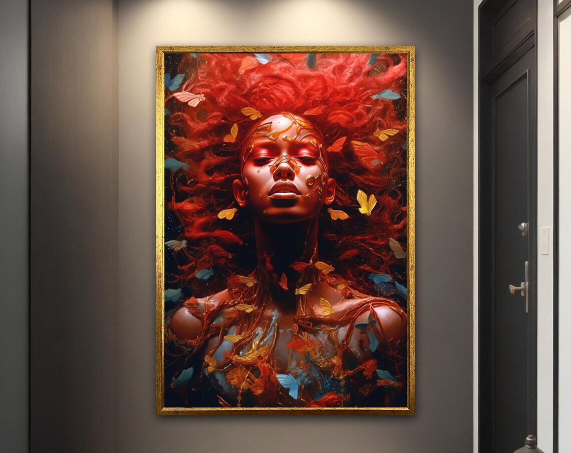 Fiery Red Hair Woman Butterflies Golden Goddess Dreamy Art Poster
