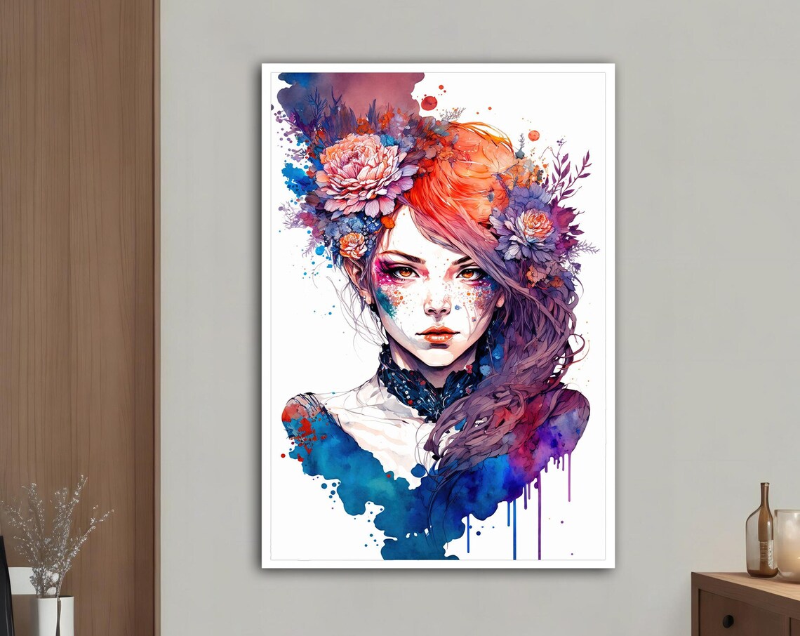 Watercolor Woman Flower Hair Pink Purple Bloom Soft Pastel Art Poster