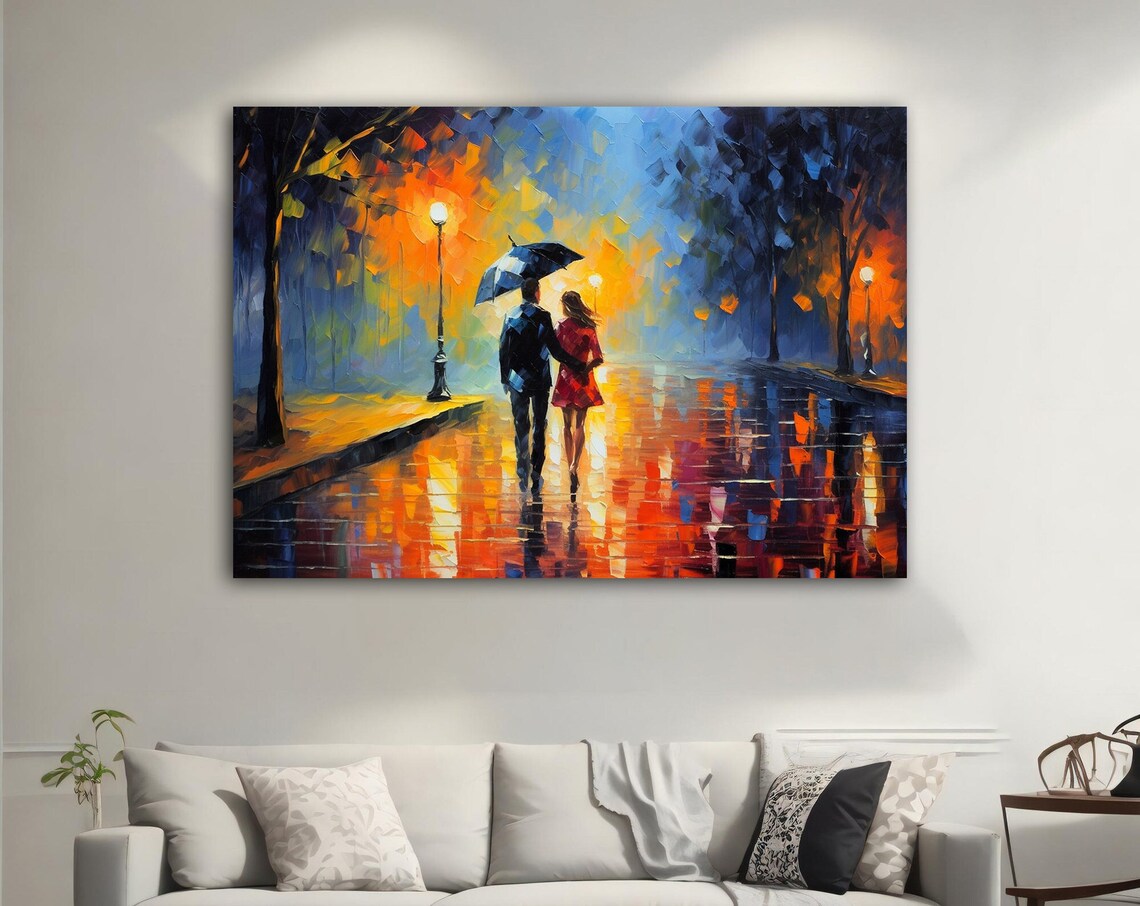 Couple Under Umbrella Rainy Night Street Impressionist Art Poster