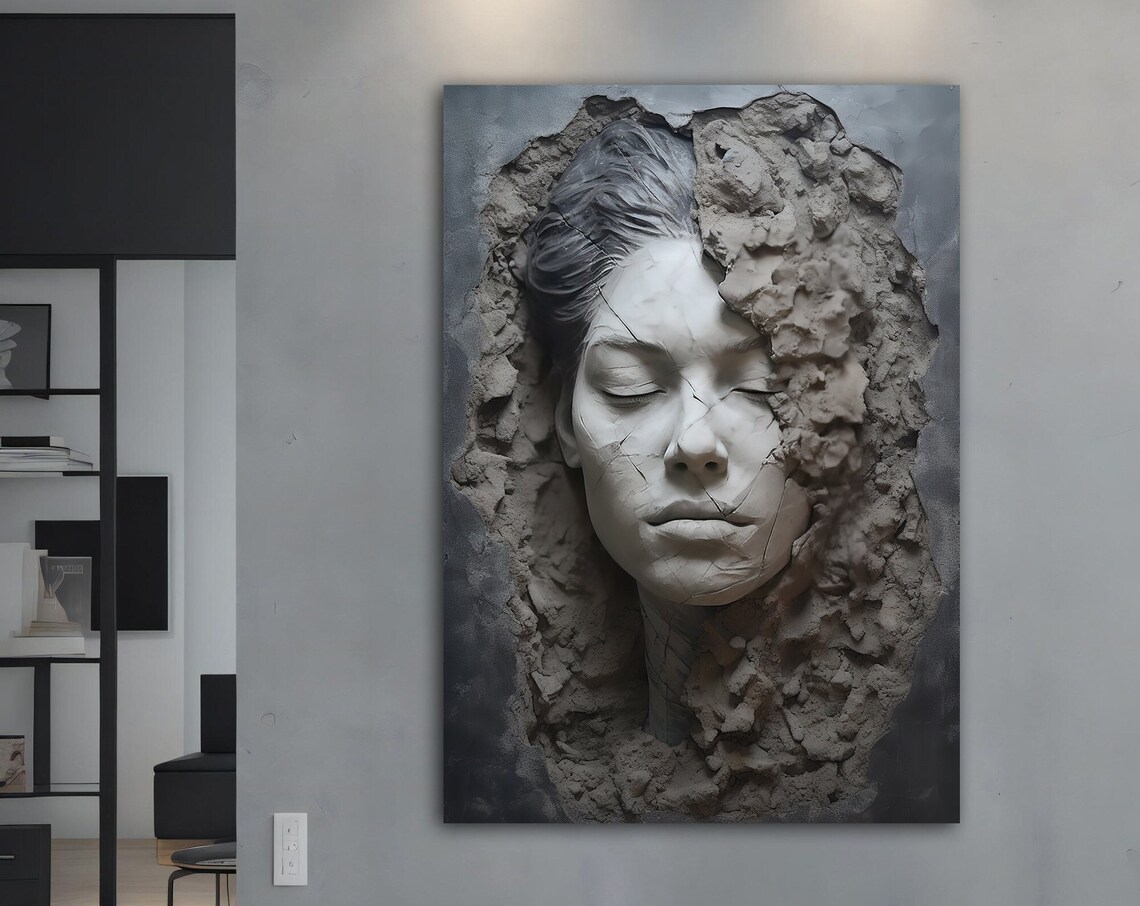 3D Plaster Woman Face Emerging Cracked Concrete Sculpture Art Poster