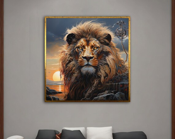 Majestic Lion Sunset Ocean Steampunk Gear Regal Animal Art Poster