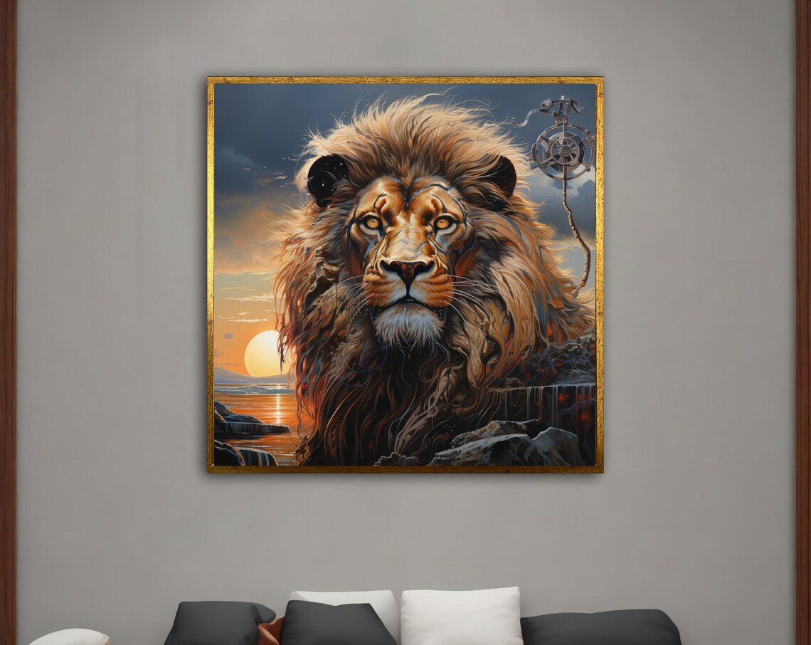 Majestic Lion Sunset Ocean Steampunk Gear Regal Animal Art Poster