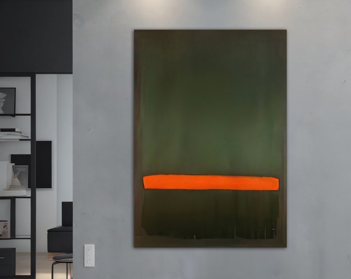 Dark Green Abstract Color Field Orange Stripe Modern Wall Art Poster