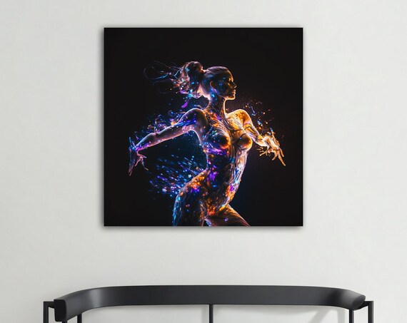 Neon Glowing Woman Light Figure Dance Blue Orange Digital Wall Art Poster