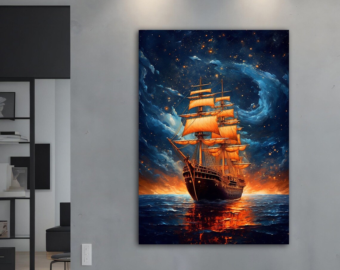 Tall Ship Glowing Orange Sails Swirling Starry Night Sky Ocean Poster