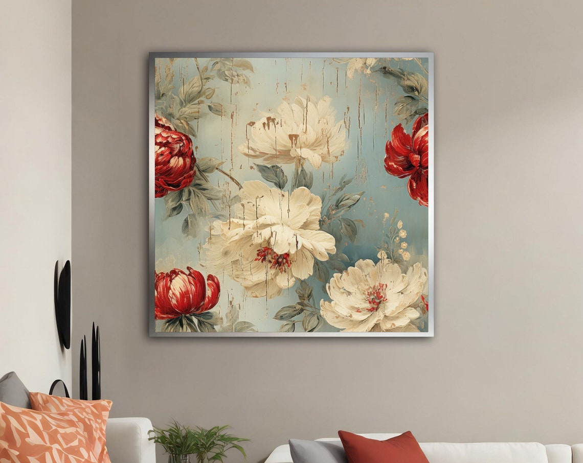 Vintage White and Red Peonies Teal Distressed Floral Art Poster