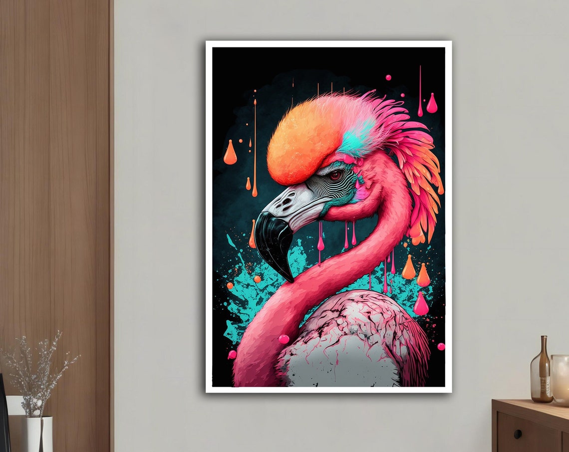 Neon Flamingo Head Paint Drip Pop Art Colorful Bird Poster Print