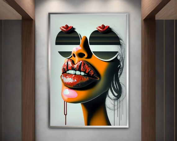 Pop Art Woman Face Red Lips Striped Sunglasses Bold Modern Portrait Poster