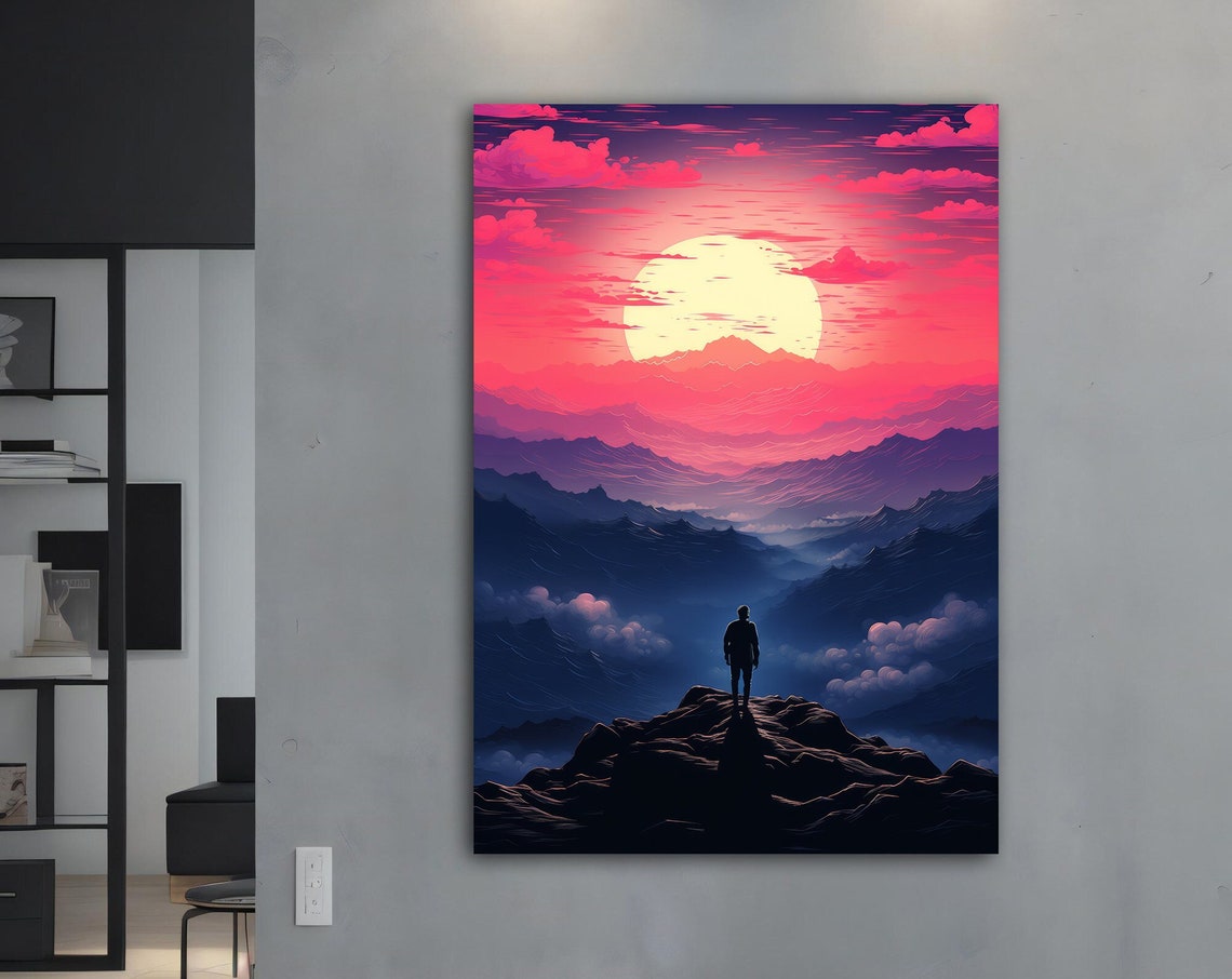Hiker Mountain Sunrise View Pink Purple Peak Landscape Travel Poster