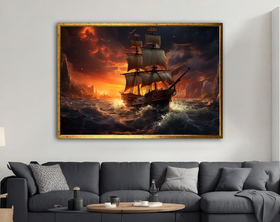 Tall Ship Sailing Stormy Sea Dramatic Sunset Nautical Art Poster