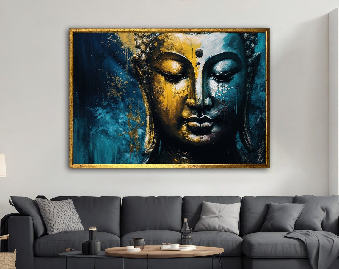 Golden Buddha Face Blue and Gold Meditation Zen Wall Art Poster