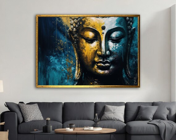 Golden Buddha Face Blue and Gold Meditation Zen Wall Art Poster