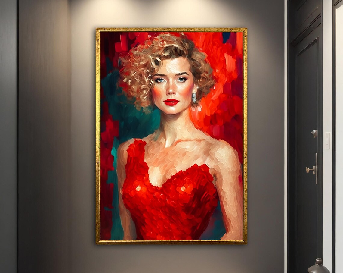 Blonde Woman Red Dress Glamour Portrait Red Teal Vintage Art Poster