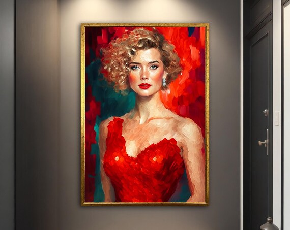 Blonde Woman Red Dress Glamour Portrait Red Teal Vintage Art Poster