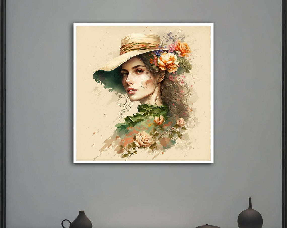 Elegant Woman In Straw Hat With Flowers Watercolor Style Art Poster