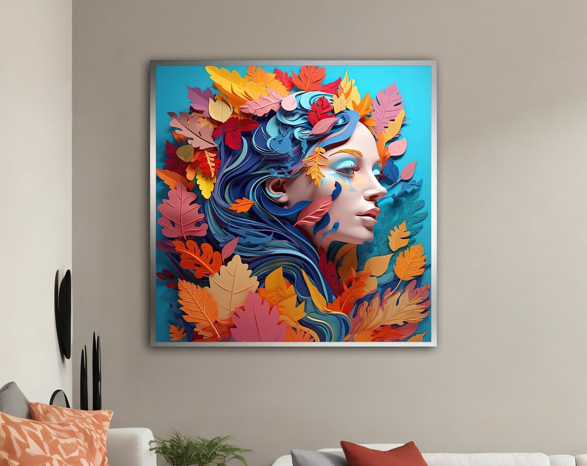 Colorful Paper Cut Autumn Leaves Woman With Flowing Blue Hair Poster